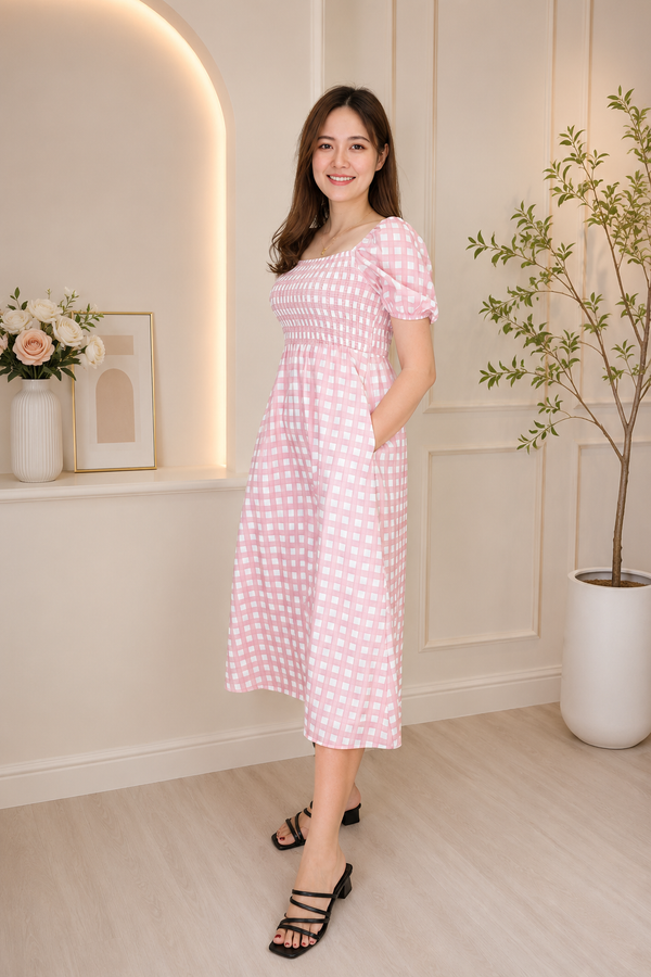 Alyssa Gingham Maxi Dress in Pastel Pink