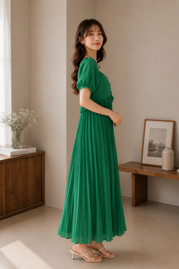 Camelia Pleated Maxi Dress in Kelly Green
