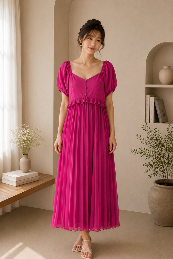 Camelia Pleated Maxi Dress in Fuchsia