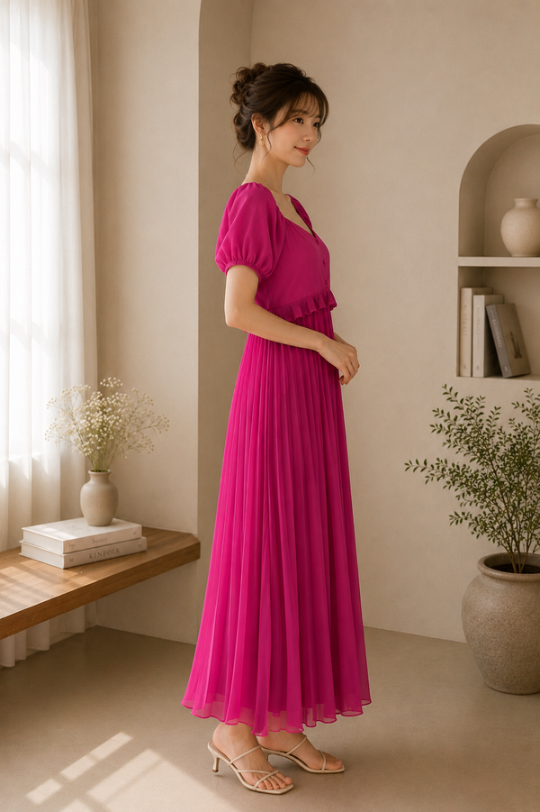 Camelia Pleated Maxi Dress in Fuchsia