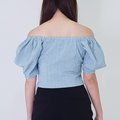 Model wearing Off-Shoulder Textured Puffy Sleeves Top-Blue Back View