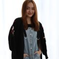 Model wearing Cardigan Floral Embroidery-Black Front View