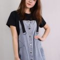 Model wearing Pinafore Dress Denim-Blue Front View