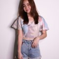 Model wearing Floral Crop Top-Beige Front View