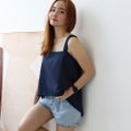 Model wearing Spaghetti Hi-Lo Top-Navy Blue Left View