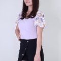 Model wearing Puffy Floral Top-Purple Left View