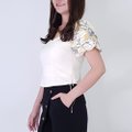 Model wearing Puffy Floral Top-Yellow Left View