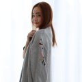 Model wearing Cardigan Floral Embroidery-Grey Back View 2