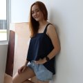 Model wearing Spaghetti Hi-Lo Top-Navy Blue Left View 2