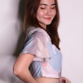 Model wearing Floral Crop Top-Beige Right View