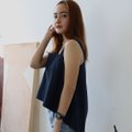 Model wearing Spaghetti Hi-Lo Top-Navy Blue Left View 4