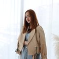 Model wearing Designer Inspired Jacket-Beige 3/4 View