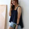 Model wearing Spaghetti Hi-Lo Top-Navy Blue Left View 3