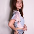 Model wearing Floral Crop Top-Beige Right View 2