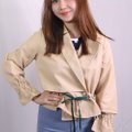 Model wearing Designer Inspired Jacket-Beige Closeup