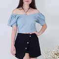 Model wearing Off-Shoulder Textured Puffy Sleeves Top-Blue Front View