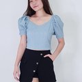 Model wearing Textured Puffy Sleeves Top-Blue Front View 2