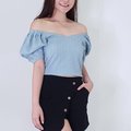 Model wearing Off-Shoulder Textured Puffy Sleeves Top-Blue Right View