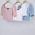  Textured Puffy Sleeves Top-Pink White and Blue