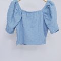 Textured Puffy Sleeves Top-Blue Product Back View