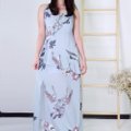 Model wearing Floral Ruffle Maxi Dress-Pastel Blue Front Full View