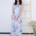 Model wearing Floral Ruffle Maxi Dress-Pastel Blue Front Full View