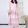 Model wearing Midi Lace Dress-Pink Full Front View 2