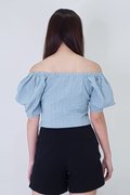 Model wearing Off-Shoulder Textured Puffy Sleeves Top-Blue Back View