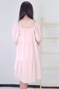 Model wearing Square Neck BabyDoll Dress-Pink Back View