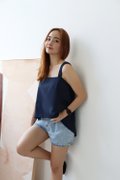 Model wearing Spaghetti Hi-Lo Top-Navy Blue Left View