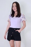 Model wearing Puffy Floral Top-Purple Front View