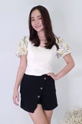 Model wearing Puffy Floral Top-Yellow Front View