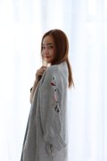 Model wearing Cardigan Floral Embroidery-Grey Back View 2