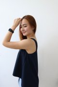 Model wearing Spaghetti Hi-Lo Top-Navy Blue Left View 5