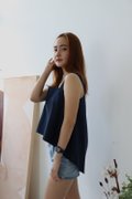 Model wearing Spaghetti Hi-Lo Top-Navy Blue Left View 4