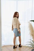 Model wearing Designer Inspired Jacket-Beige Full Back View