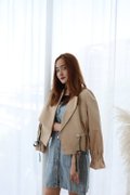 Model wearing Designer Inspired Jacket-Beige 3/4 View