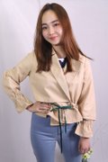 Model wearing Designer Inspired Jacket-Beige Closeup