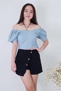 Model wearing Off-Shoulder Textured Puffy Sleeves Top-Blue Front View
