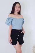 Model wearing Off-Shoulder Textured Puffy Sleeves Top-Blue Right View