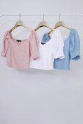 Textured Puffy Sleeves Top-Pink White and Blue