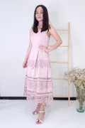 Model wearing Midi Lace Dress-Pink Full Left View 