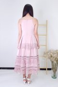 Model wearing Midi Lace Dress-Pink Full Back View 