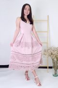Model wearing Midi Lace Dress-Pink Full Front View 
