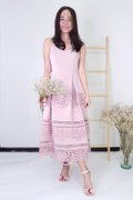Model wearing Midi Lace Dress-Pink Full Front View 2