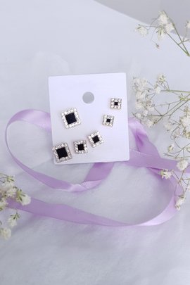 Onyx Square Studs-Rose Gold-3 Pairs