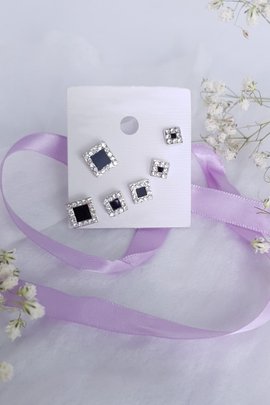 Onyx Square Studs-Silver-3 Pairs