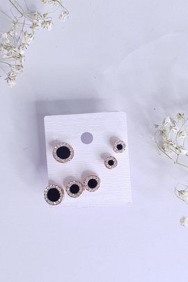 Onyx Round Studs-Rose Gold-3 Pairs