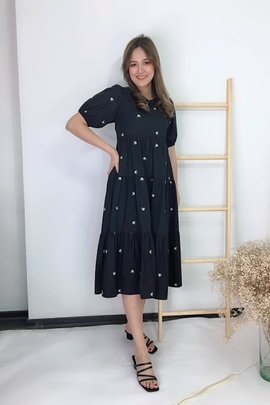 Audrey Embroidered Midi Dress In Black